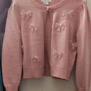 Elegant Pink Bow Ladies Cardigan With Pearl Botttons